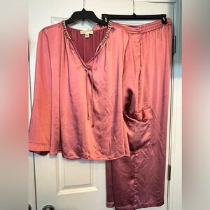 Michael Kors 2 piece pink and gold neckline and cargo pants outfit